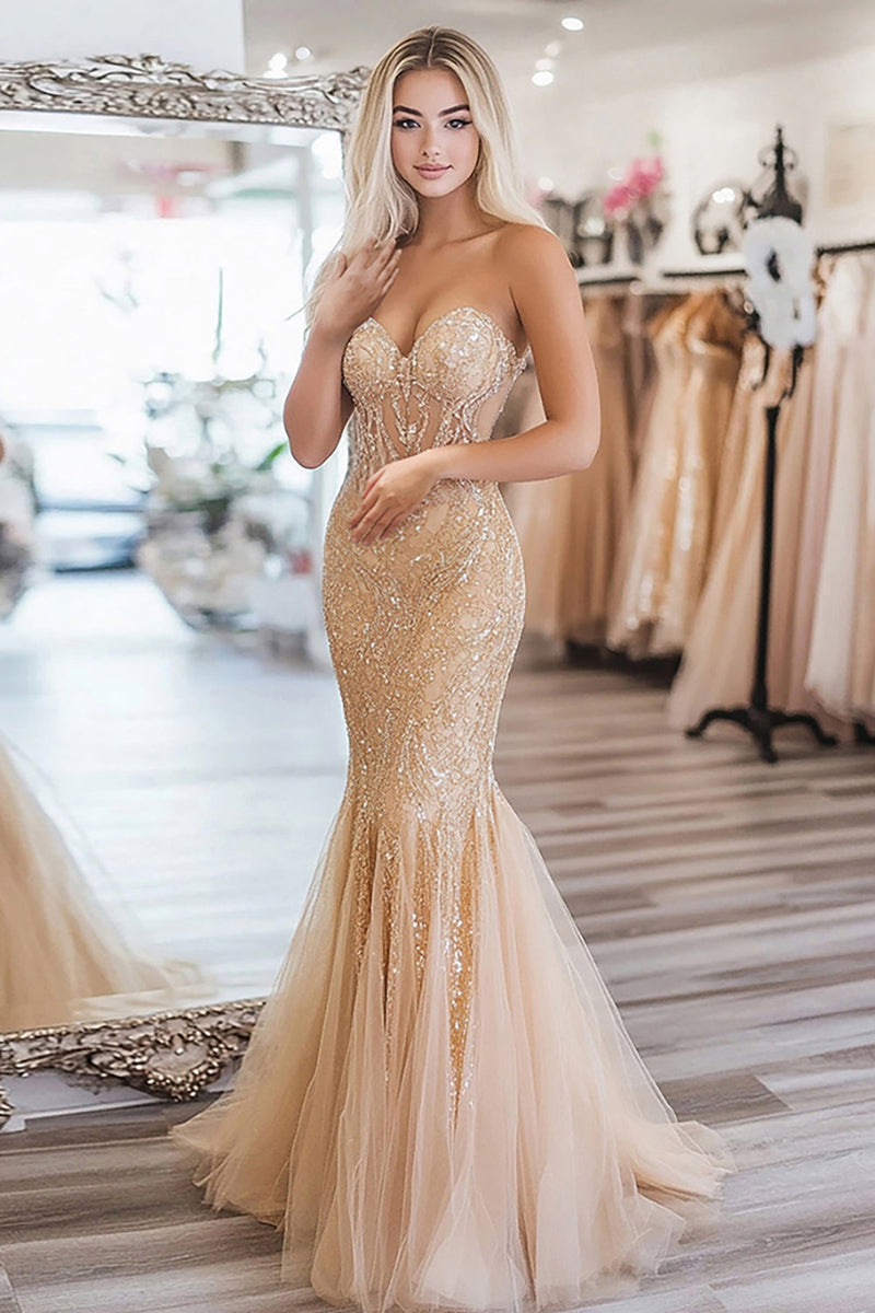 Laden Sie das Bild in den Galerie-Viewer, Gold Trägerloses Korsett Meerjungfrau Besticktes Maxi-Ballkleid