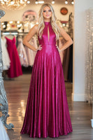 Laden Sie das Bild in den Galerie-Viewer, Glitzer Fuchsia Neckholder Schlüsselloch Plissee A Linie Maxi Ballkleid