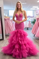 Laden Sie das Bild in den Galerie-Viewer, Fuchsia Herzhals Meerjungfrau Rüschen Tüll Ballkleid mit Applikation