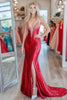Laden Sie das Bild in den Galerie-Viewer, Glitzer Rote Etui Tiefem V-Ausschnitt Pailletten Ballkleid mit Schlitz