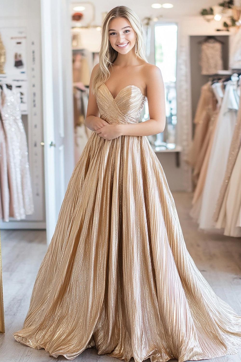 Herzhals Metallischem Satin Gold A Linie Maxi Ballkleid