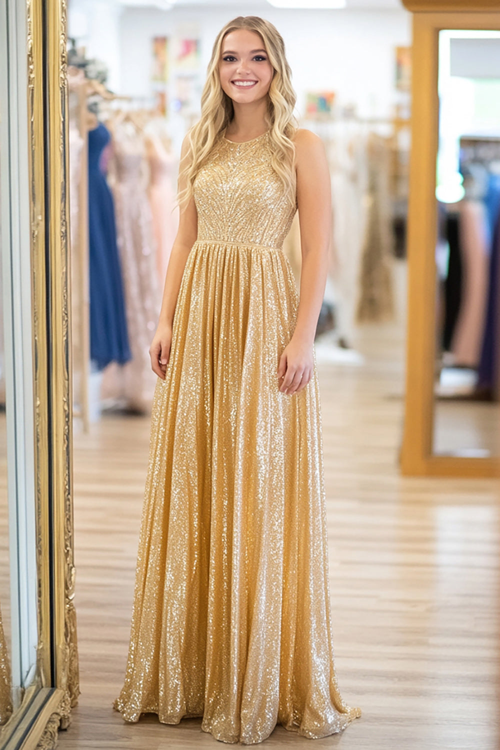 Glitzer Gold A Linie Metallischem Satin U-schnitt Ballkleid