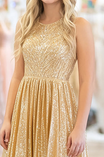 Glitzer Gold A Linie Metallischem Satin U-schnitt Ballkleid