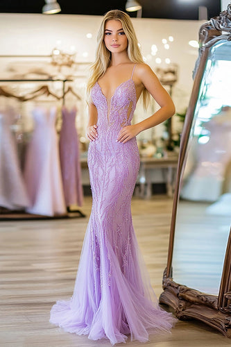 Lila Spaghettiträgern Abendkleid mit Spitze Applikationen