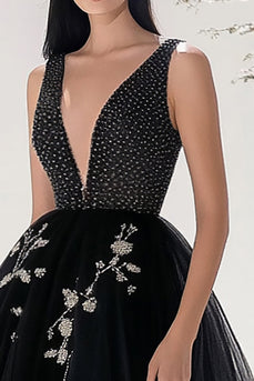 Glitzer Schwarz Tüll V-Ausschnitt Langes Abendkleid