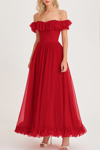 Rote Schulterfreies Chiffon A Linie Langes Formelles Kleid mit Rüschen