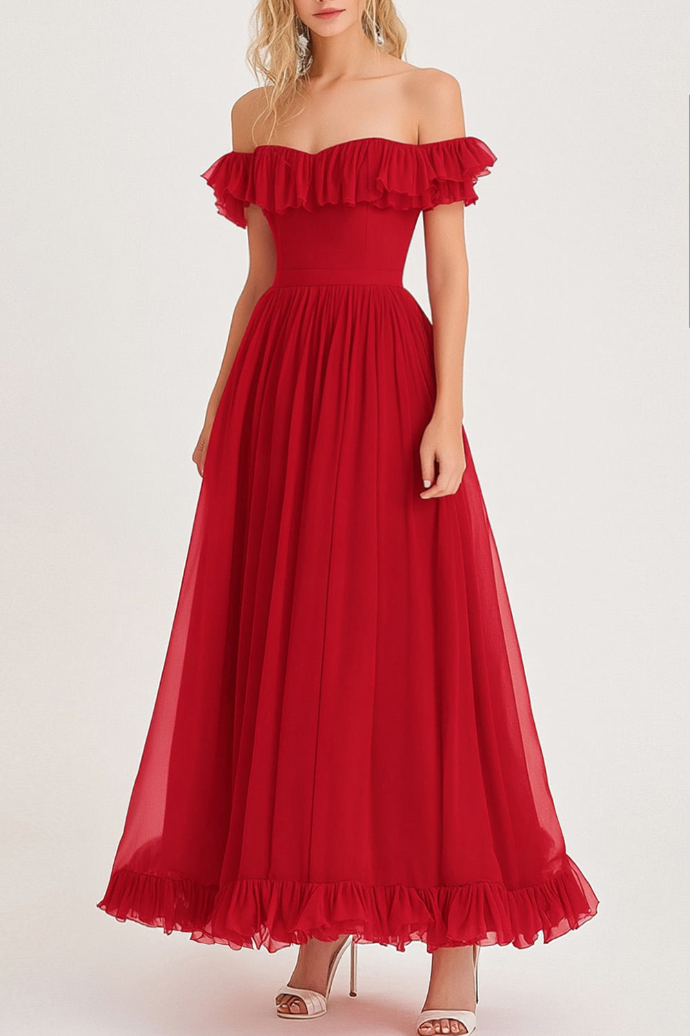 Rote Schulterfreies Chiffon A Linie Langes Formelles Kleid mit Rüschen