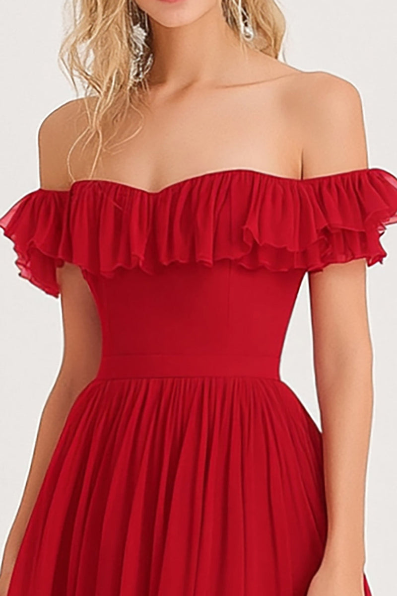 Laden Sie das Bild in den Galerie-Viewer, Rote Schulterfreies Chiffon A Linie Langes Formelles Kleid mit Rüschen
