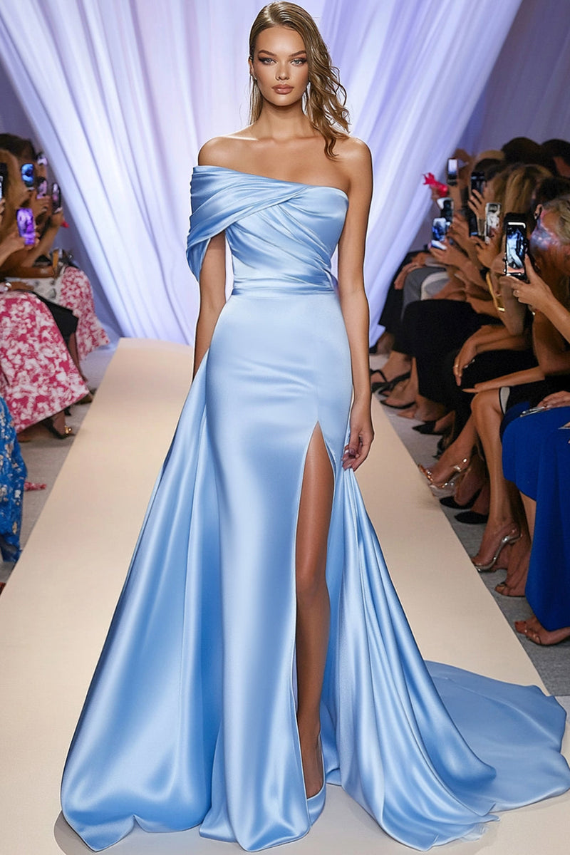 Laden Sie das Bild in den Galerie-Viewer, Hellblau Eine Schulter Satin Formelles Kleid mit Schlitz
