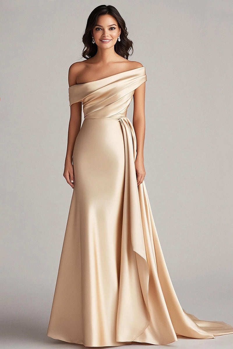 Laden Sie das Bild in den Galerie-Viewer, Champagner Schulterfreies Langes Formelles Kleid mit Seitlichem Umhang