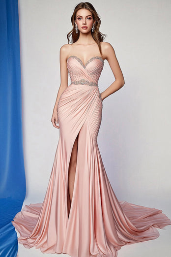 Erröten Herzhals Plissiertes Perlenbesetztes Abendkleid mit Schlitz