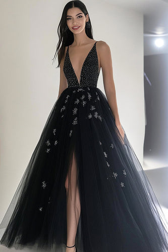 Glitzer Schwarzes V-Ausschnitt Perlenbesetztes Langes Formelles Kleid mit Schlitz