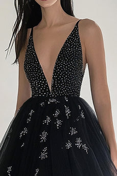 Glitzer Schwarzes V-Ausschnitt Perlenbesetztes Langes Formelles Kleid mit Schlitz
