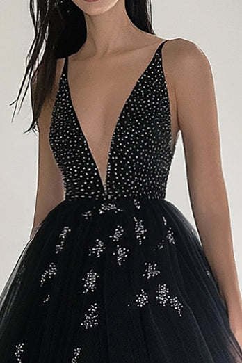 Glitzer Schwarzes V-Ausschnitt Perlenbesetztes Langes Formelles Kleid mit Schlitz