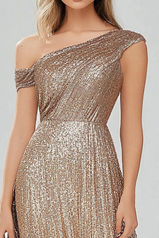 Glitzer Goldenen A Linie Asymmetrisches Langes Formelles Kleid mit Pailletten