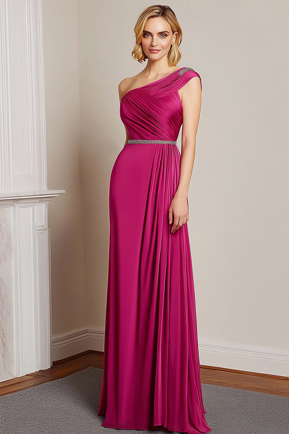 Fuchsia Bodenlänge Eine Schulter Plissiert Formelles Kleid