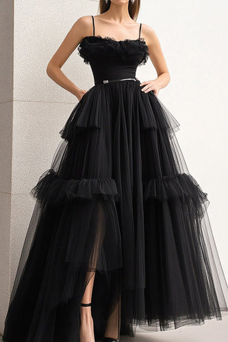 Schwarz Schlitz A Linie Langes Formelles Kleid mit Spaghettiträgern