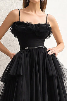 Schwarz Schlitz A Linie Langes Formelles Kleid mit Spaghettiträgern