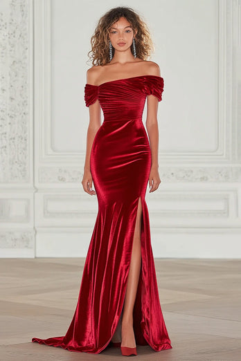 Burgunderrotes Schulterfreies Samt Langes Abendkleid mit Schlitz