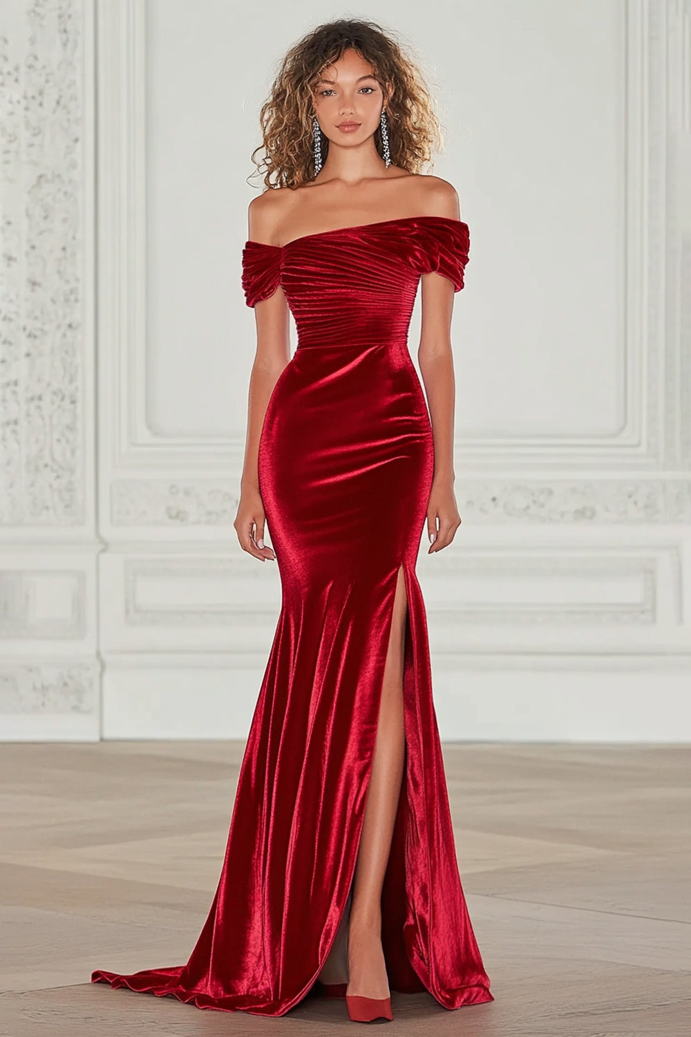 Burgunderrotes Schulterfreies Samt Langes Abendkleid mit Schlitz