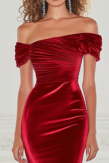 Burgunderrotes Schulterfreies Samt Langes Abendkleid mit Schlitz