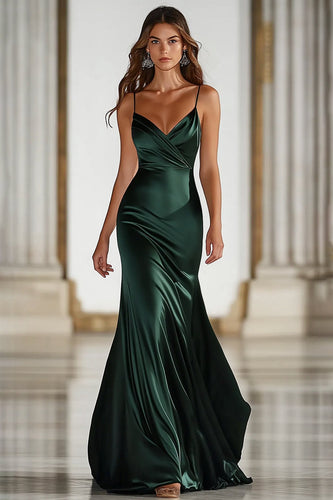 Dunkelgrün Spaghettiträgern Stretch Satin Langes Formelles Kleid