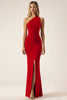 Laden Sie das Bild in den Galerie-Viewer, Rote Schulterfreies Bodenlanges Satin Abendkleid mit Schlitz