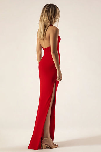Rote Schulterfreies Bodenlanges Satin Abendkleid mit Schlitz