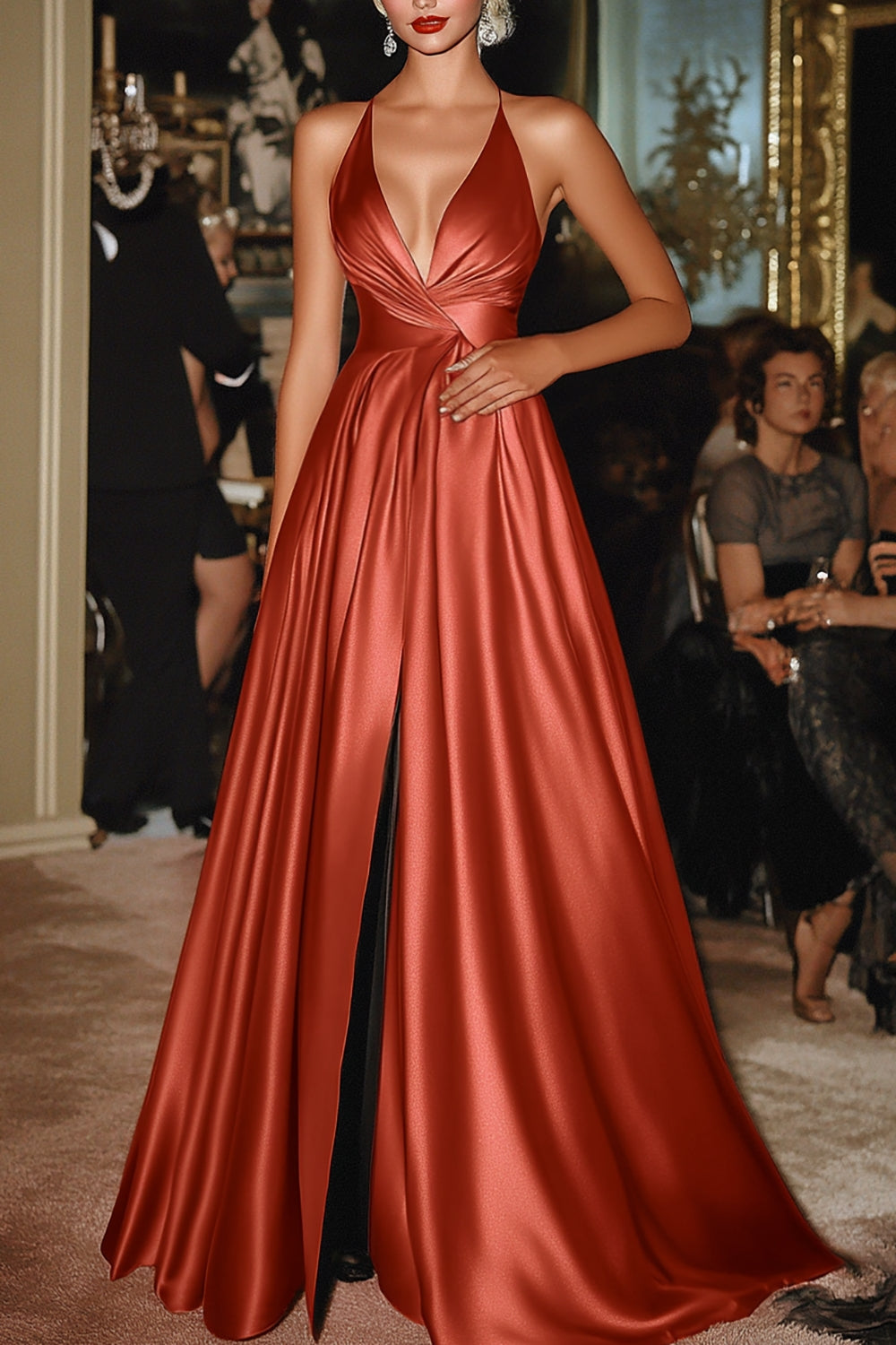 Terrakotta A Linie Satin Langes Formelles Kleid mit V-Ausschnitt