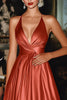 Laden Sie das Bild in den Galerie-Viewer, Terrakotta A Linie Satin Langes Formelles Kleid mit V-Ausschnitt