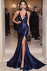 Laden Sie das Bild in den Galerie-Viewer, Marineblaues Meerjungfrau V-Ausschnitt Langes Abendkleid mit Schlitz