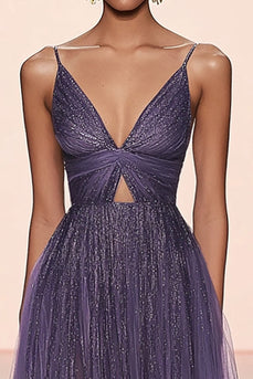 A Linie Grau Lila Tüll Glitzer Langes Formelles Kleid