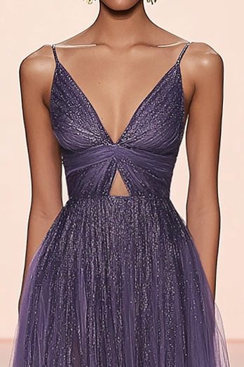 A Linie Grau Lila Tüll Glitzer Langes Formelles Kleid