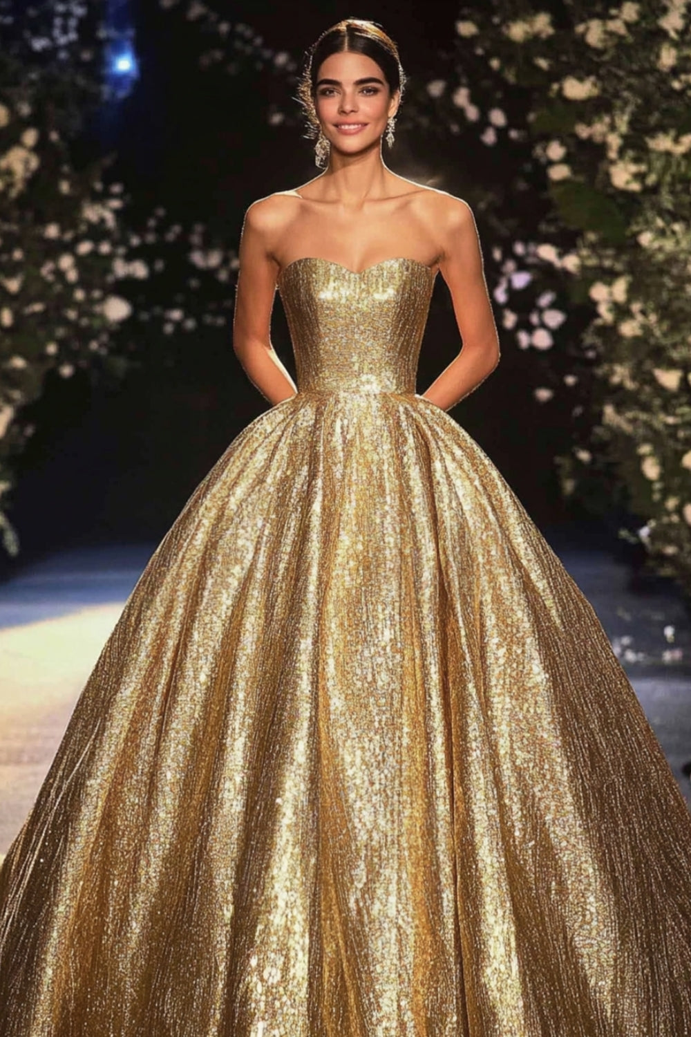 Glitzer Goldenes Trägerloses Bodenlanges Formelles Kleid