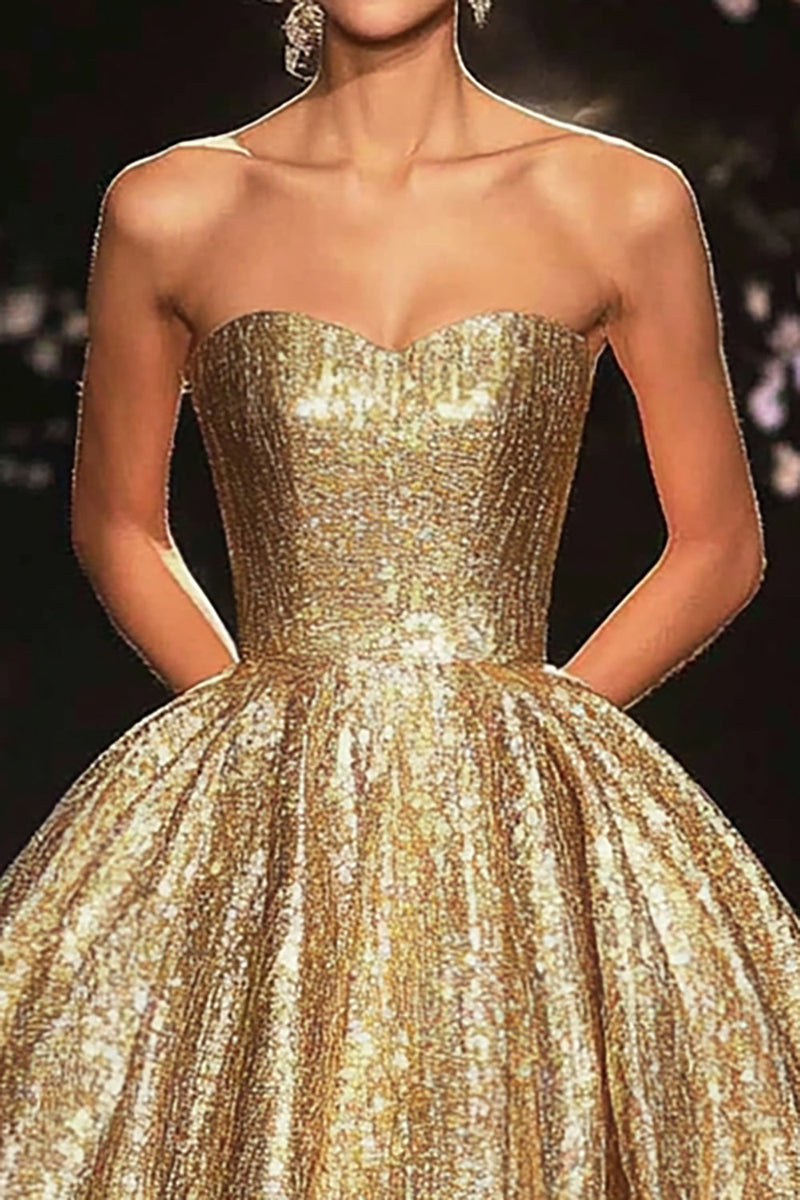 Laden Sie das Bild in den Galerie-Viewer, Glitzer Goldenes Trägerloses Bodenlanges Formelles Kleid