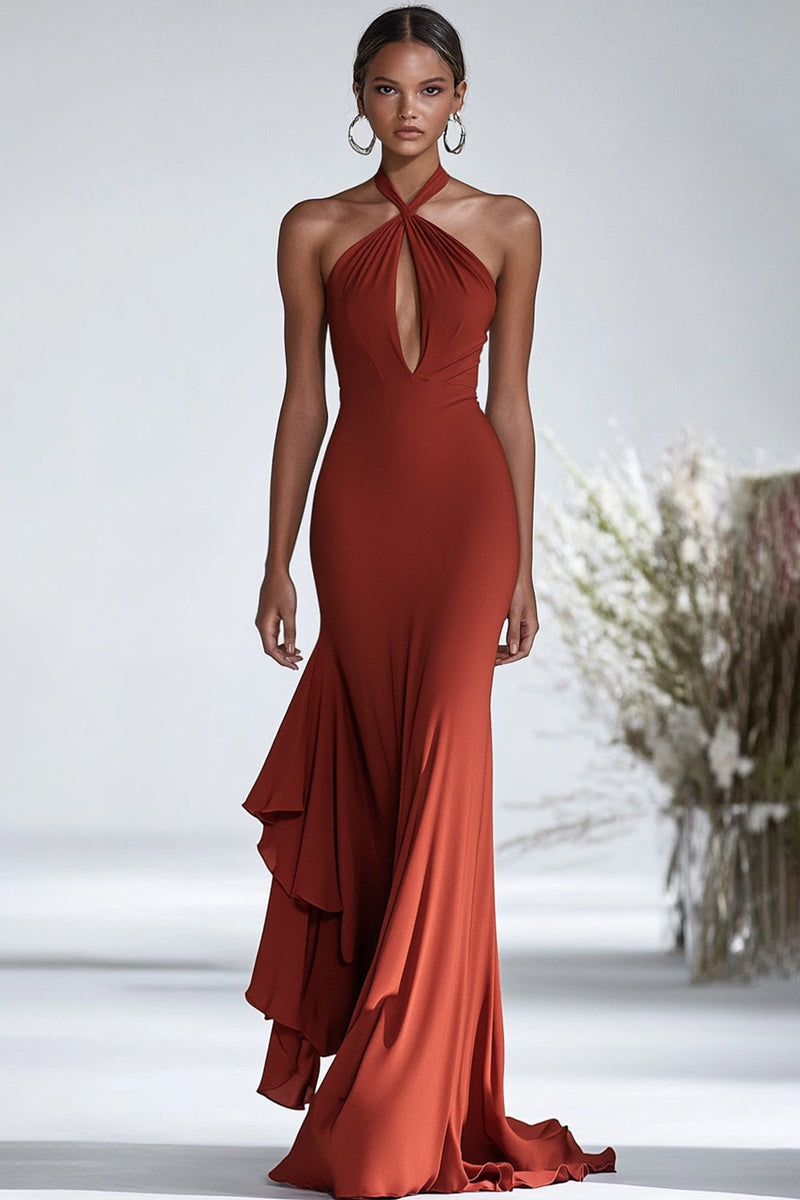 Laden Sie das Bild in den Galerie-Viewer, Terrakotta Etui Neckholder Chiffon Langes Formelles Kleid mit Schlitz