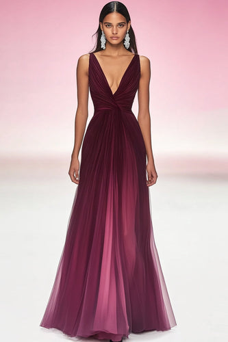 Cabernet A Linie Plissiertes Langes Formelles Kleid mit V-Ausschnitt