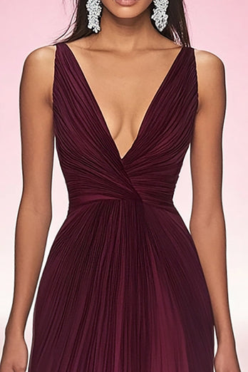 Cabernet A Linie Plissiertes Langes Formelles Kleid mit V-Ausschnitt