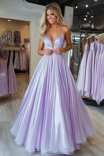 Hellviolettes Plissierten Spaghettiträgern A Linie Langes Ballkleid