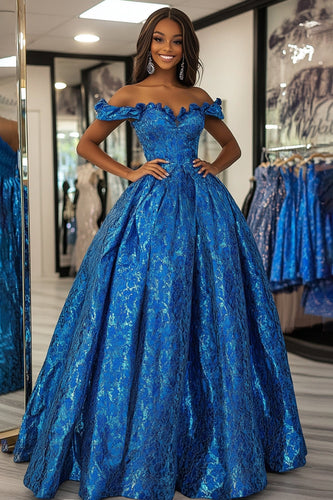 Königsblaues Blumenmuster Schulterfrei Langes Ballkleid