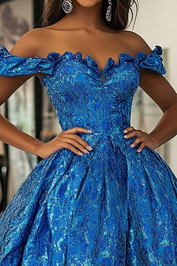 Königsblaues Blumenmuster Schulterfrei Langes Ballkleid