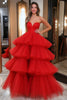 Laden Sie das Bild in den Galerie-Viewer, Rote Herzhals Tüll Gestaffelt Korsett Langes Ballkleid