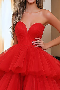 Rote Herzhals Tüll Gestaffelt Korsett Langes Ballkleid