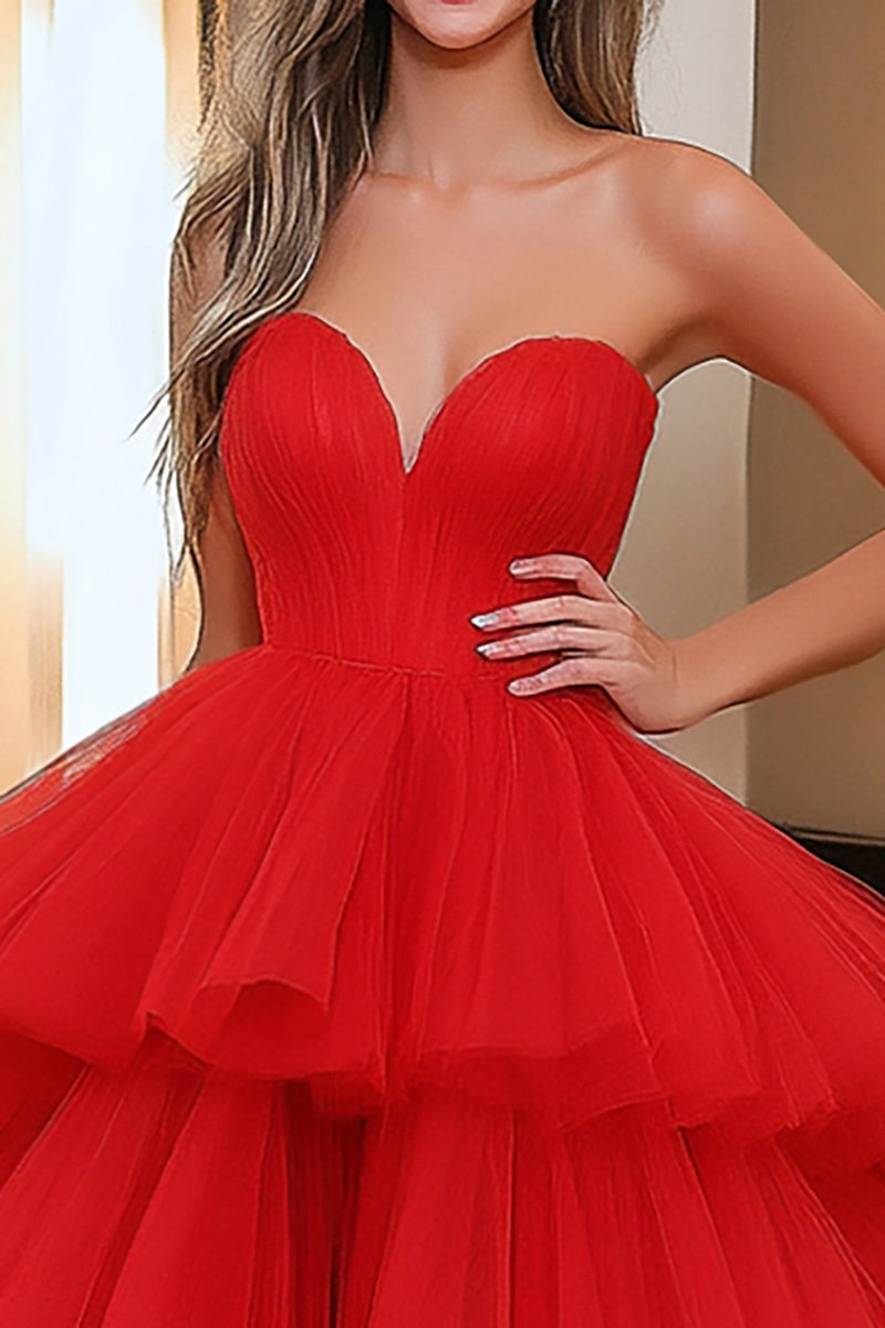 Laden Sie das Bild in den Galerie-Viewer, Rote Herzhals Tüll Gestaffelt Korsett Langes Ballkleid