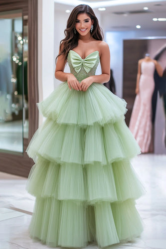 Tüll Staubiger Salbei Trägerloses Bodenlanges Ballkleid