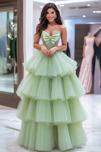Tüll Staubiger Salbei Trägerloses Bodenlanges Ballkleid
