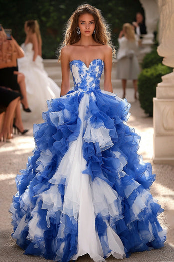 Blau Weißes Korsett Herzhals Lange Ballkleid