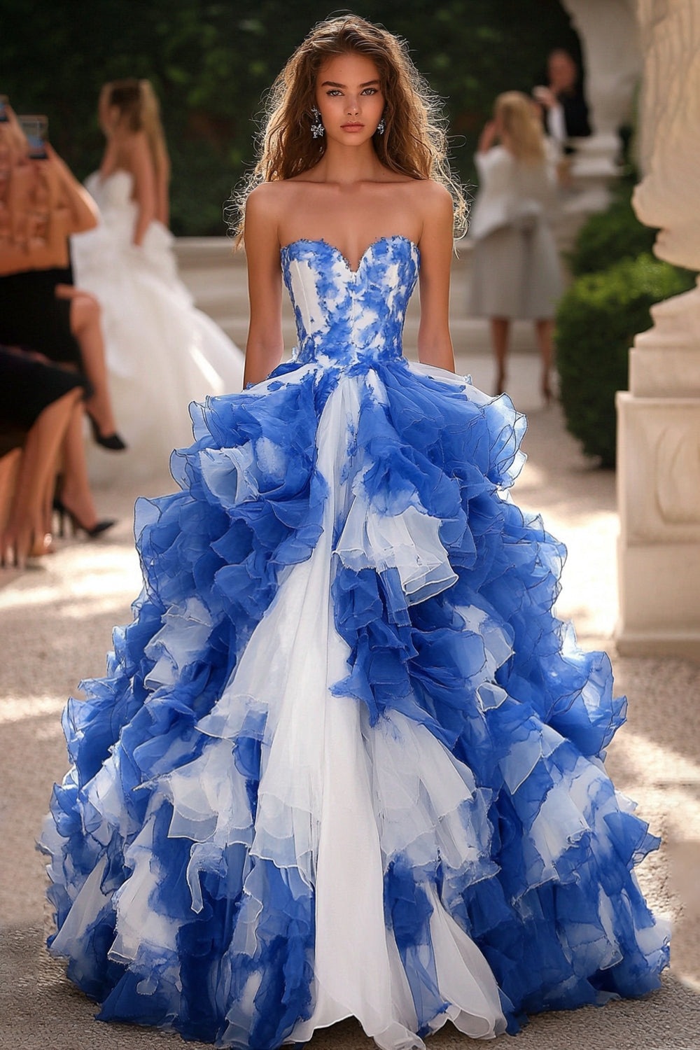 Blau Weißes Korsett Herzhals Lange Ballkleid