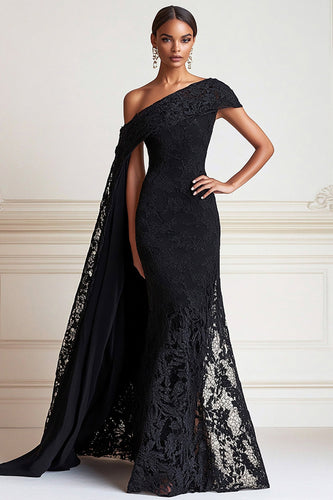 Schwarz Spitze Ballkleid mit Seitlichem Cape