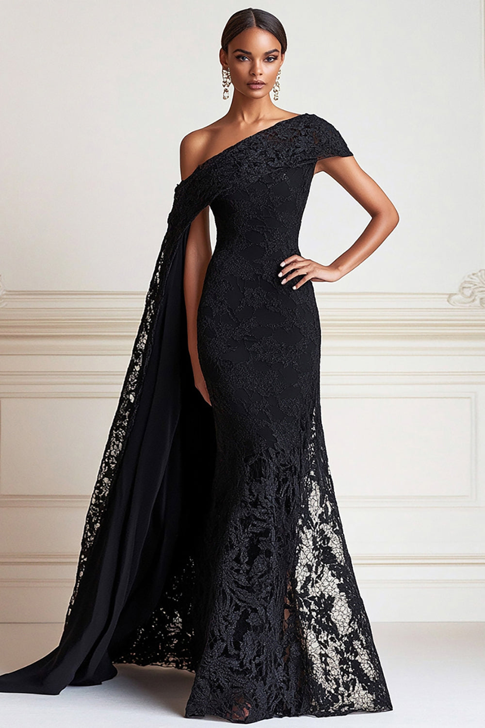 Schwarz Spitze Ballkleid mit Seitlichem Cape